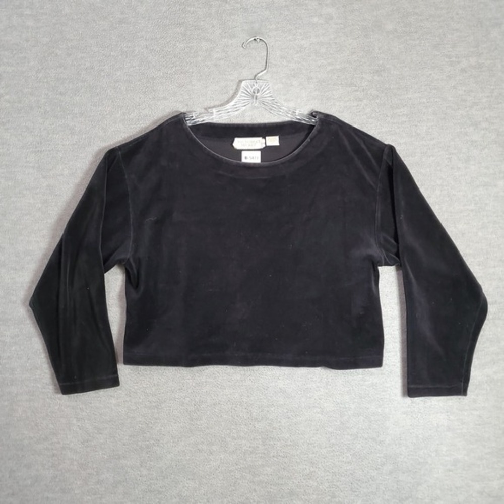 VINTAGE Victorias Secret Women Top Medium Black Cropped Velour Shirt Long Sleeve